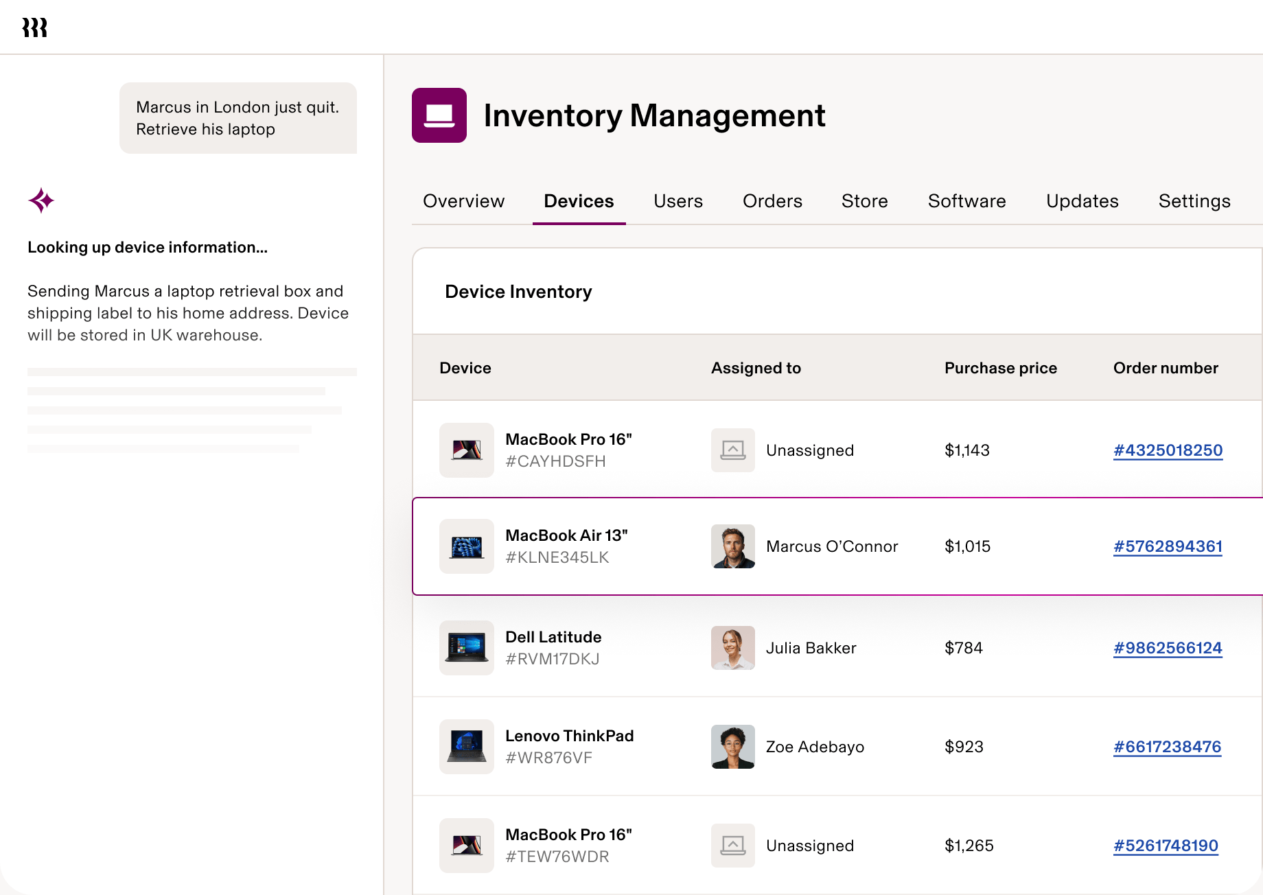 Screenshot of an inventory management dashboard in Rippling showing company devices assigned to employees, alongside an automated workflow for retrieving a laptop from a departing employee