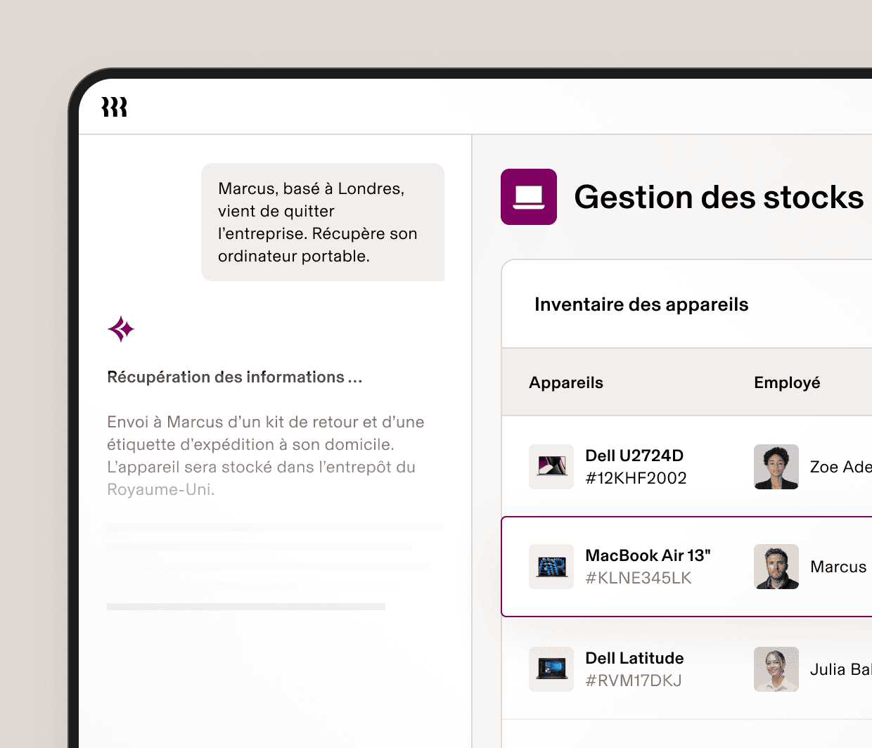 Capture d’écran d’un tableau de bord de gestion des stocks dans Rippling montrant les appareils de l’entreprise attribués à des collaborateurs, ainsi qu’un workflow automatisé pour la récupération d’un ordinateur portable auprès d’un collaborateur qui s’apprête à quitter l’entreprise