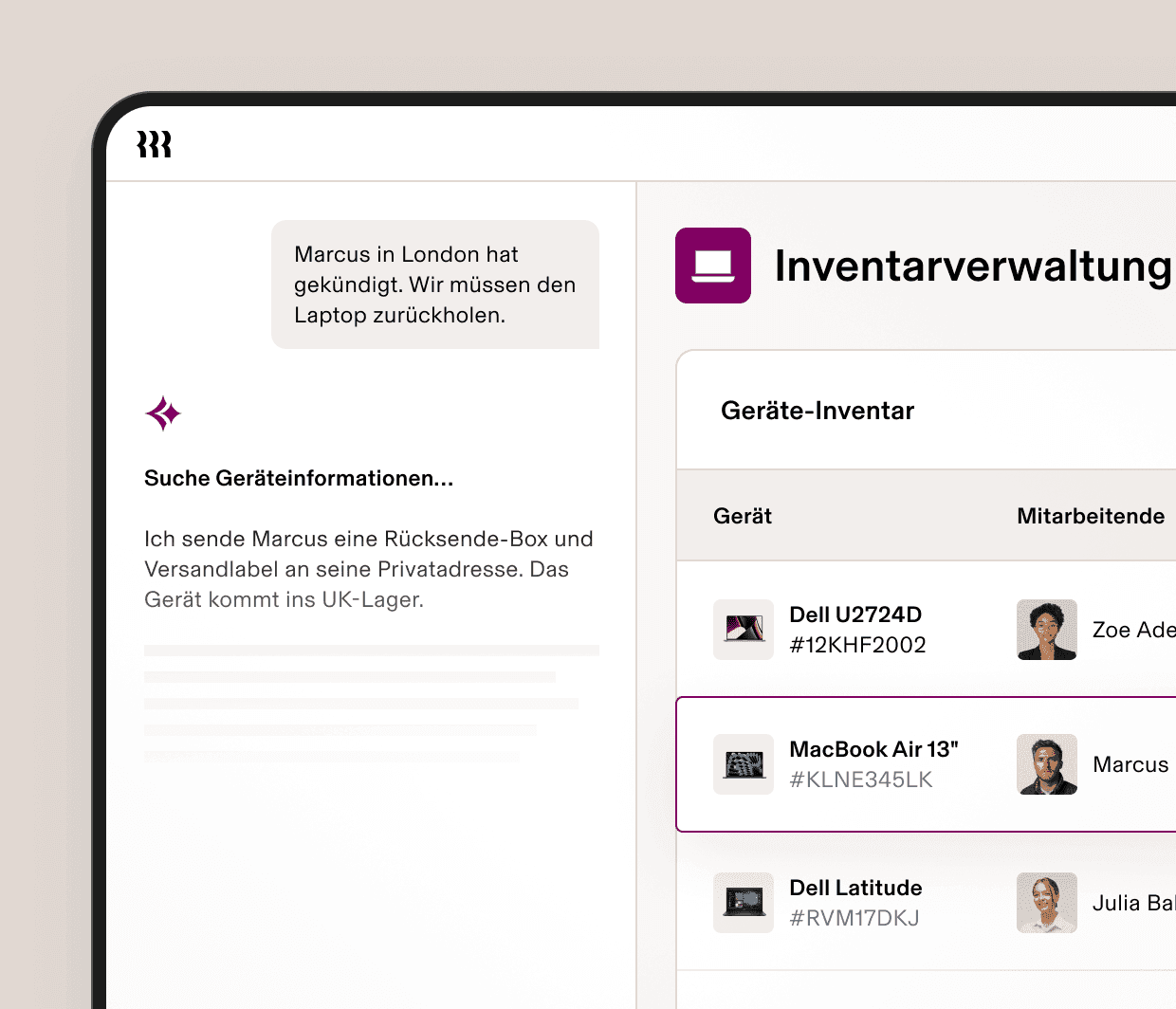 Screenshot eines Inventarmanagement-Dashboards in Rippling, das unternehmensweit zugewiesene Geräte sowie einen automatisierten Workflow zur Rückholung eines Laptops von einem ausscheidenden Mitarbeiter zeigt