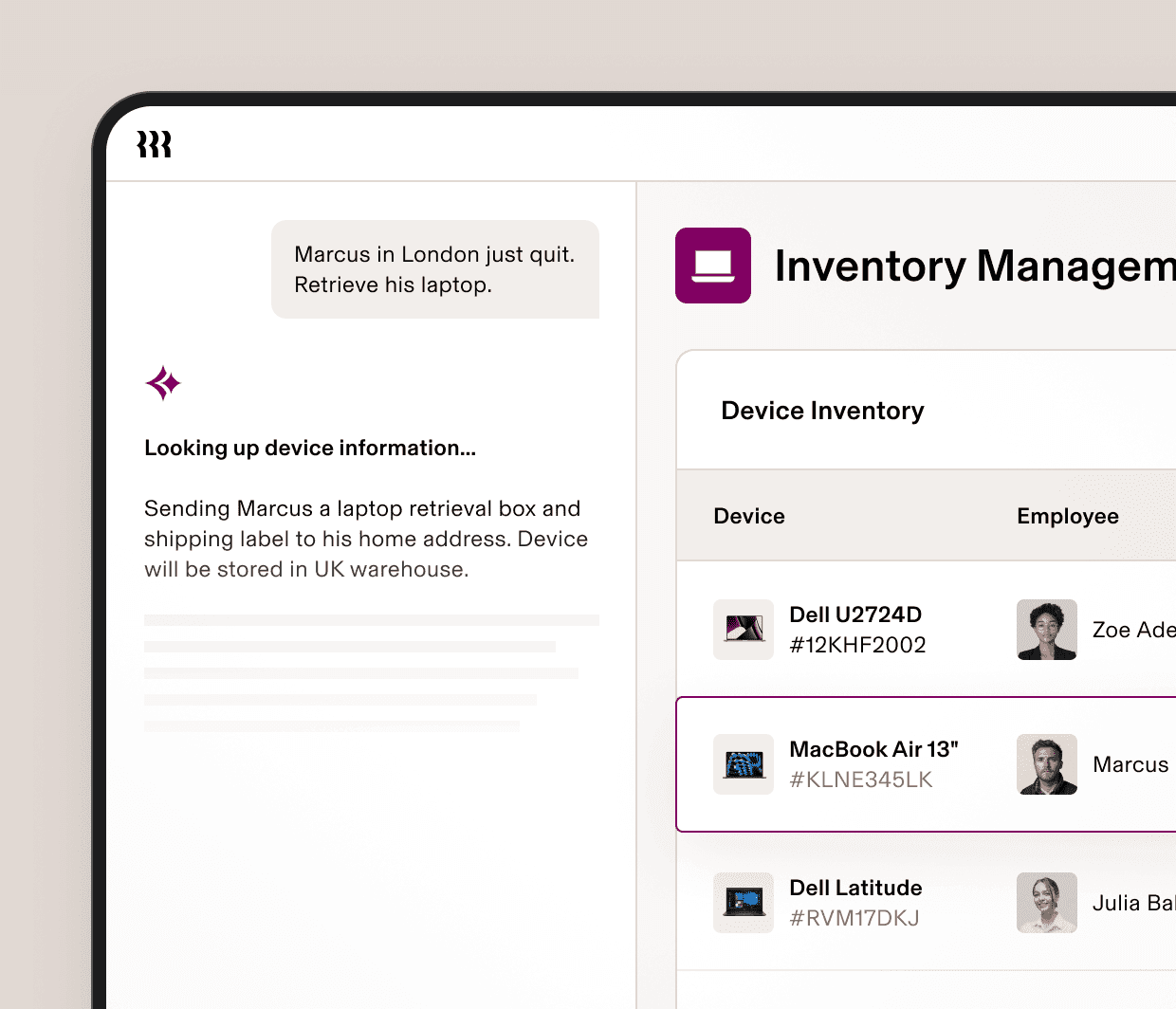 Screenshot of an inventory management dashboard in Rippling showing company devices assigned to employees, alongside an automated workflow for retrieving a laptop from a departing employee