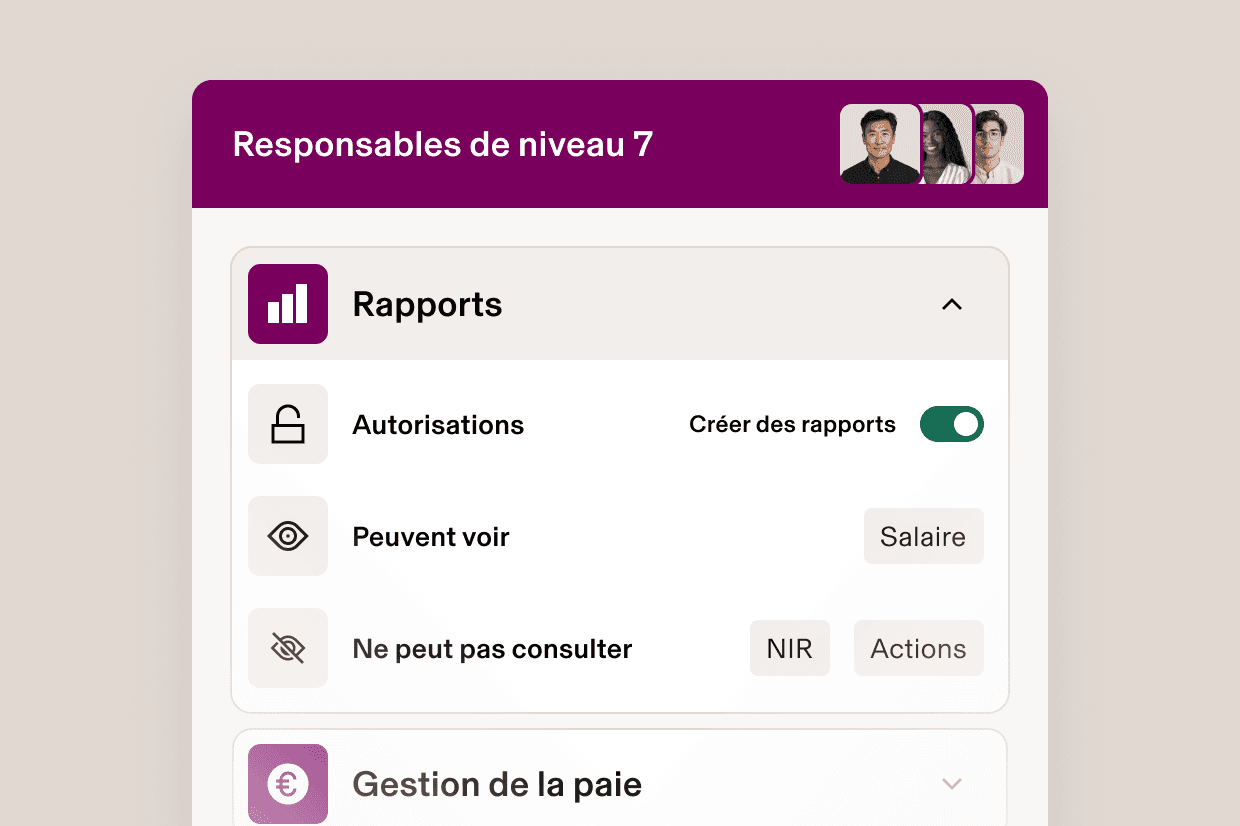 Tableau de bord Responsables niveau 7 sur lequel sont affichés les paramètres d’autorisations : les données sur les salaires sont visibles, mais les numéros de sécurité sociale et les informations sur les actions ne le sont pas.