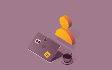 A graphic illustration of an open laptop, a cup of coffee and an icon representing an employee