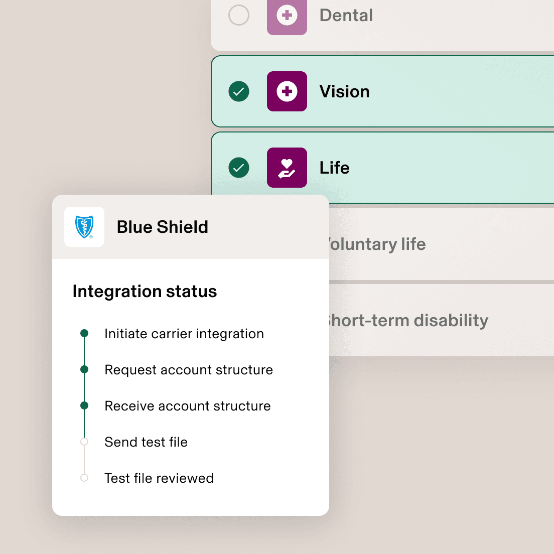 Benutzeroberfläche für Versicherungen, die den Status der Blue Shield-Integration mit ausgewählten Optionen für Zahn-, Sehkraft- und Lebensversicherung sowie die Integrationsschritte zeigt.