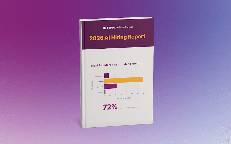 3D book cover in dark berry with Rippling’s logo. Text says: EOY Founder’s Guide to Hiring in the AI Era
