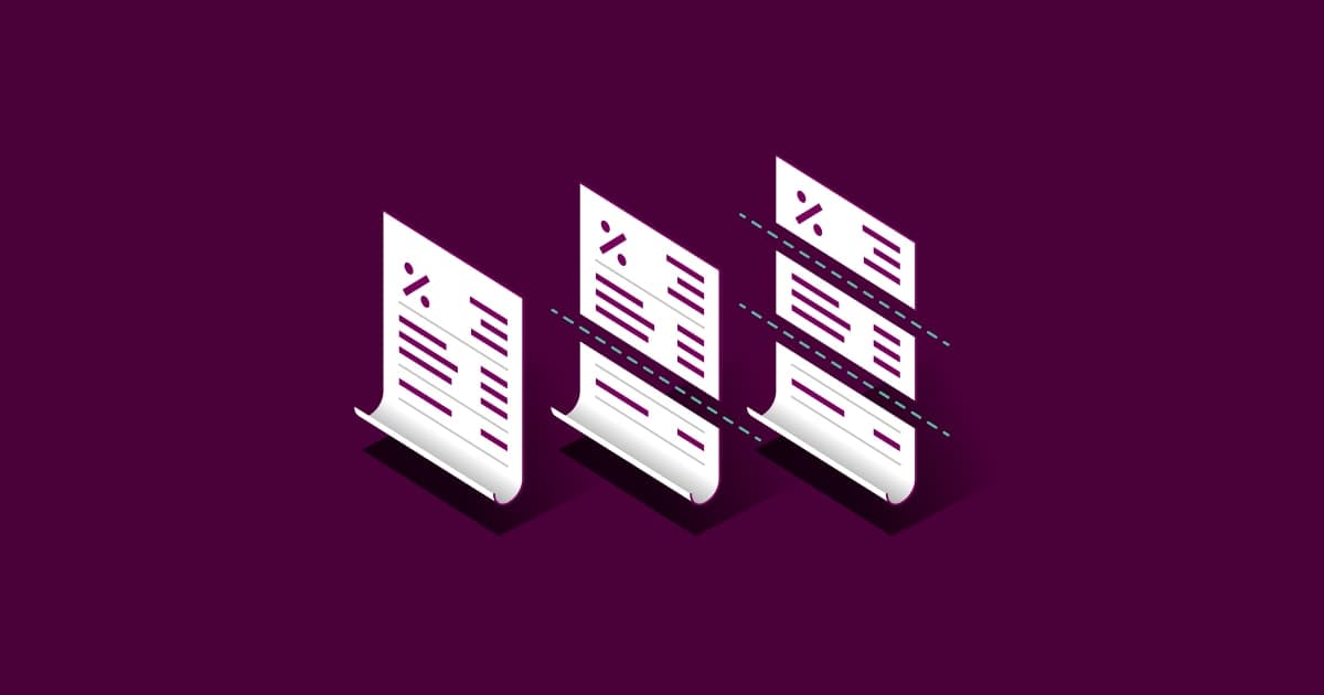 Graphic illustration of three documents in a row with dotted lines slicing two of the documents into parts