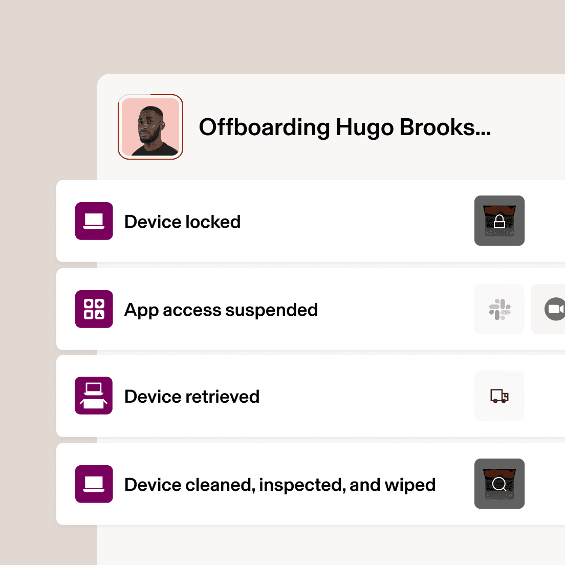 Benutzeroberfläche für das Offboarding mit Anzeige der Schritte zum Gerätestatus: Gerät gesperrt, App-Zugriff ausgesetzt, Gerät zurückgeholt und Gerät gereinigt/geprüft/bereinigt.
