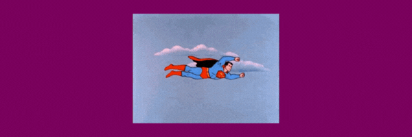 Animated gif of cartoon superman flying to the right with clouds passing behind.