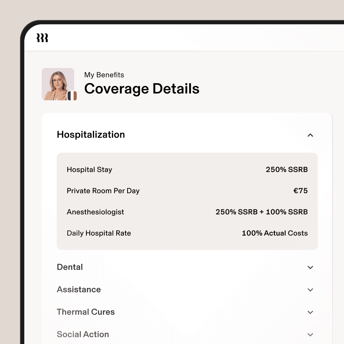 Mobile app screen showing health insurance coverage details with hospitalisation benefits expanded, displaying costs and coverage rates.