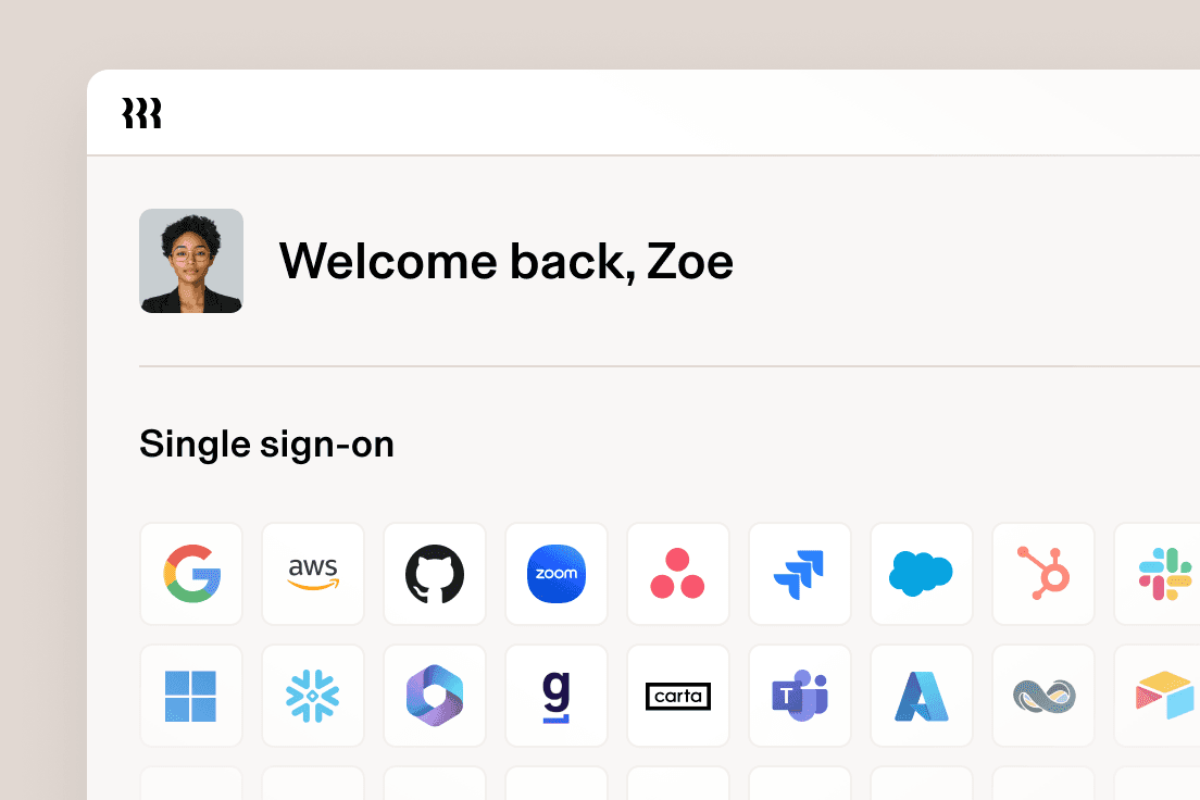 Tableau de bord d’authentification unique montrant différentes icônes d’applications, notamment Google, AWS, GitHub, Zoom et Microsoft, avec un message de bienvenue pour l’utilisateur.