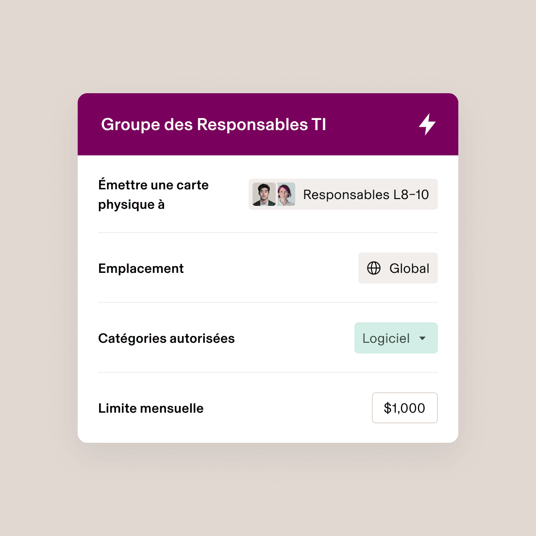 IT Managers Group interface showing card issuance settings for L8-10 Managers with global access, software category, and $1,000 monthly limit.