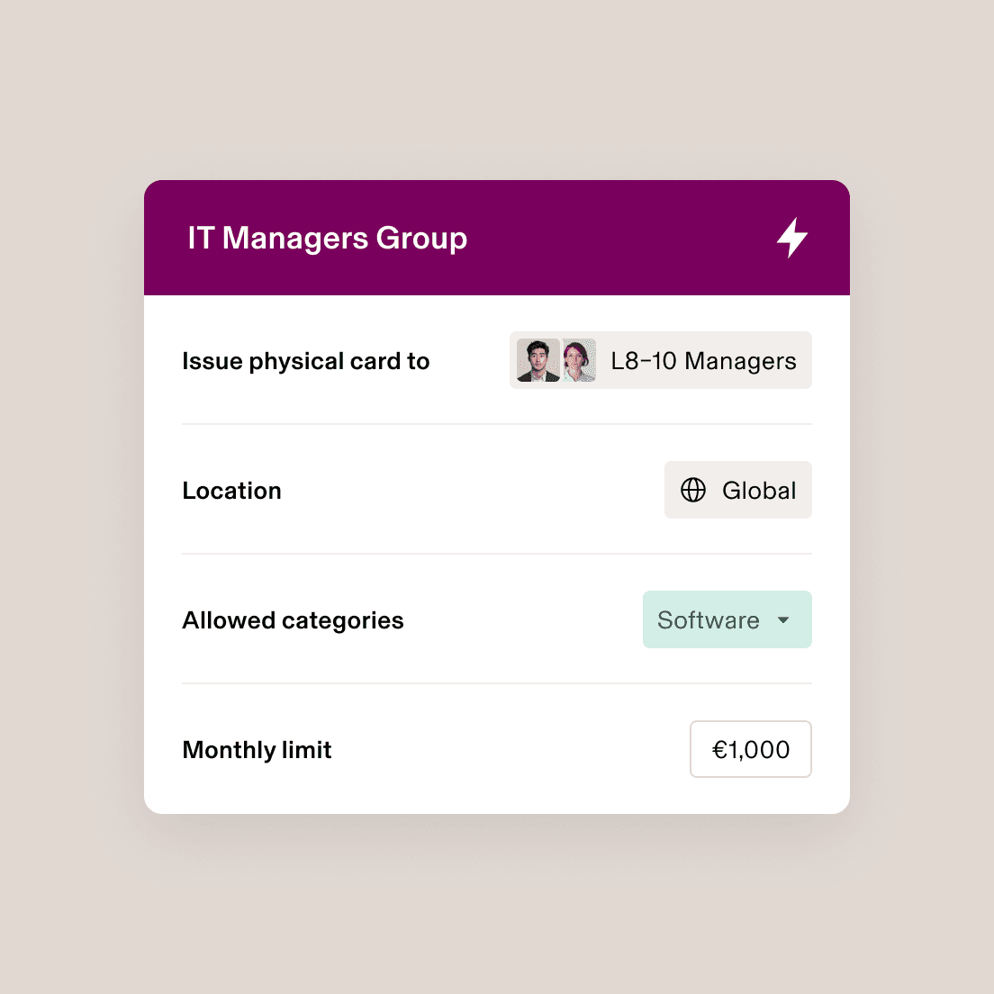 IT Managers Group interface showing card issuance settings for L8-10 Managers with global access, software category, and €1,000 monthly limit.