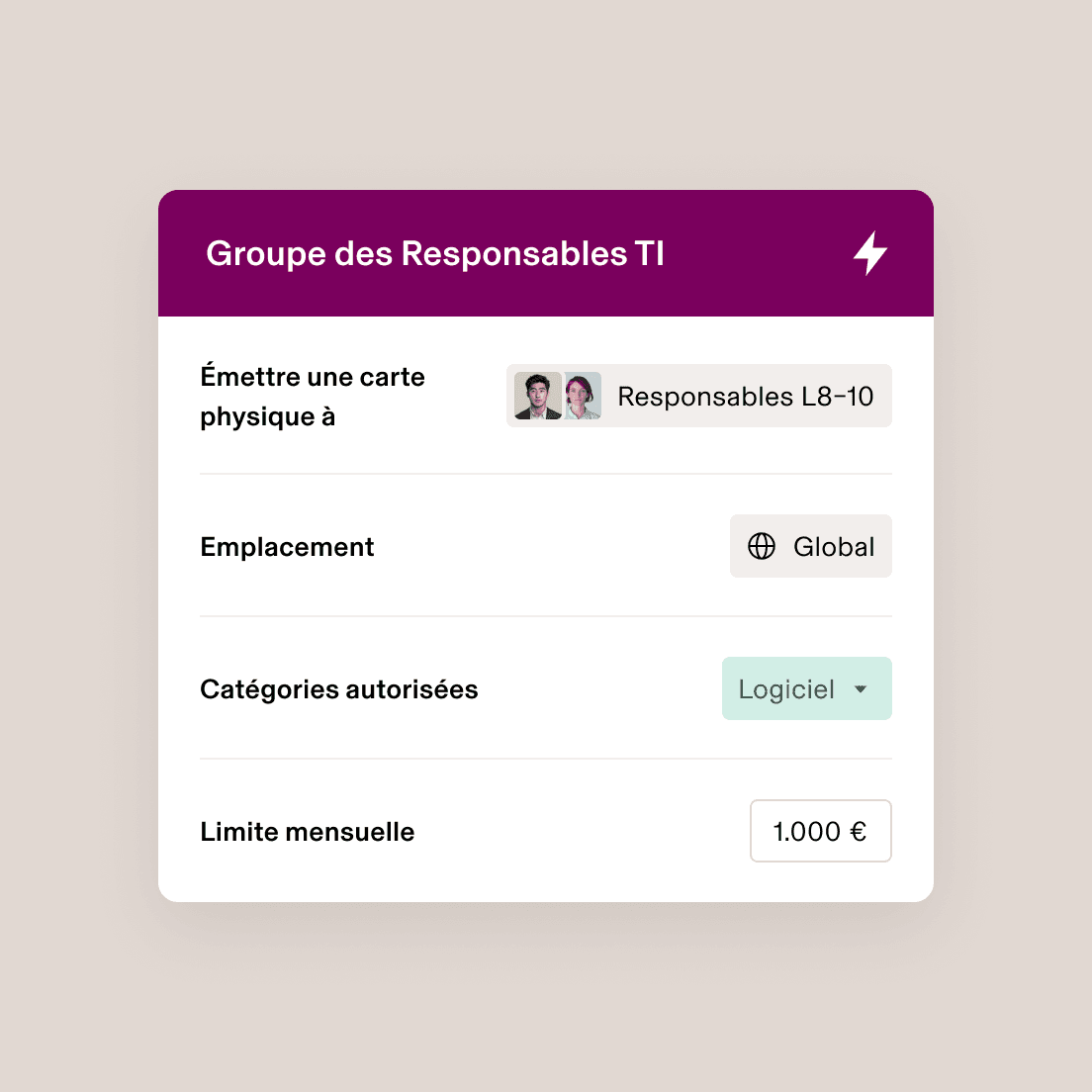 Interface de groupe de managers IT sur laquelle sont affichés les paramètres de délivrance de carte pour les managers L8 à L10 avec un accès global, la catégorie « logiciel » et un plafond mensuel de 1 000 $.