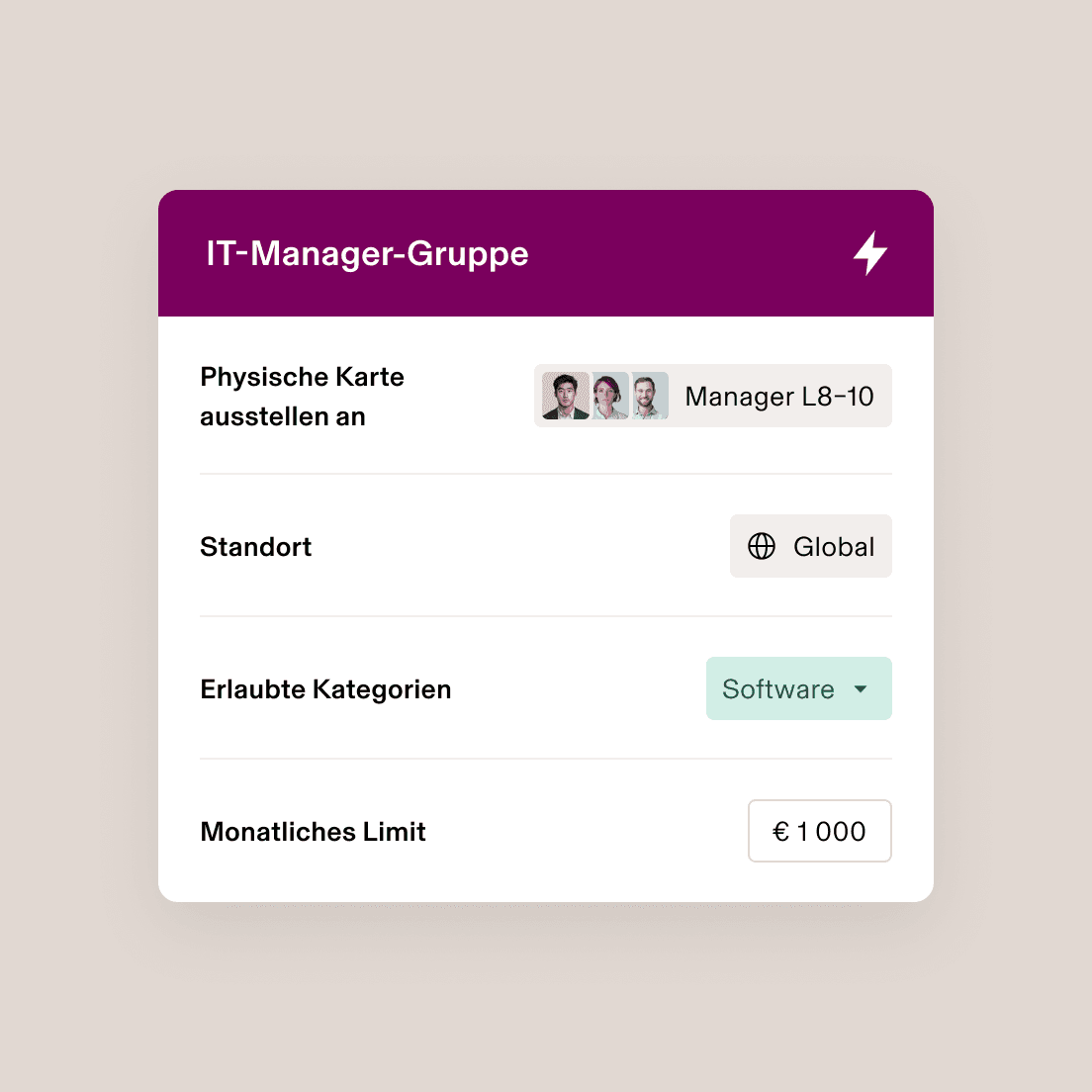 IT Managers Group interface showing card issuance settings for L8-10 Managers with global access, software category, and $1,000 monthly limit.