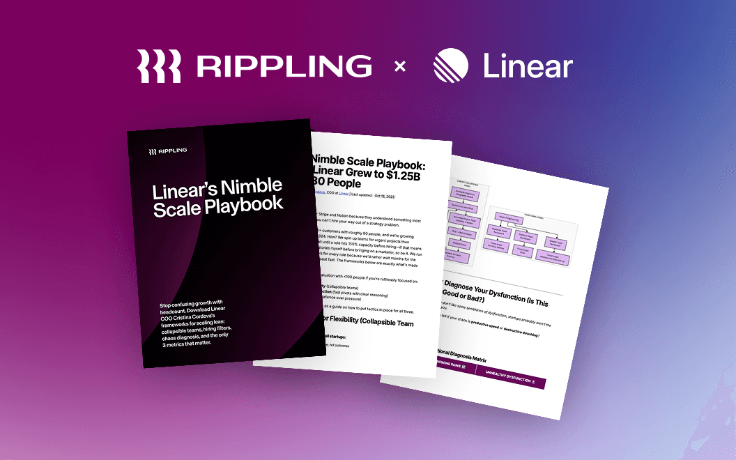 Graphic illustration showing screenshots of three pages from Linear's Nimble Scale Playbook