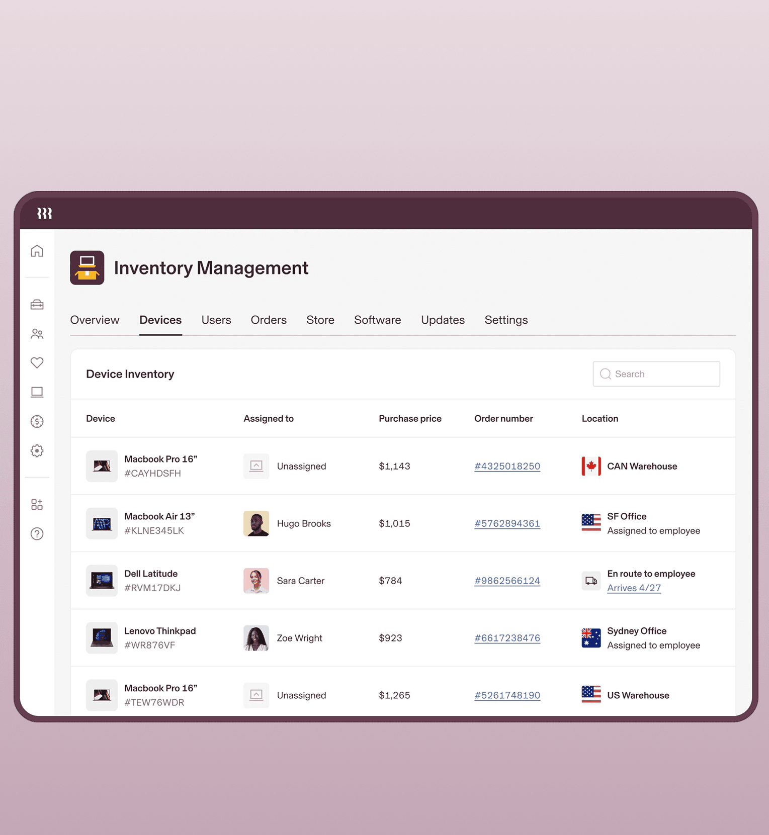 Tablet showing a screen in Rippling titled "Inventory Management" with a list of devices, the assigned employee, purchase price, order number, and location