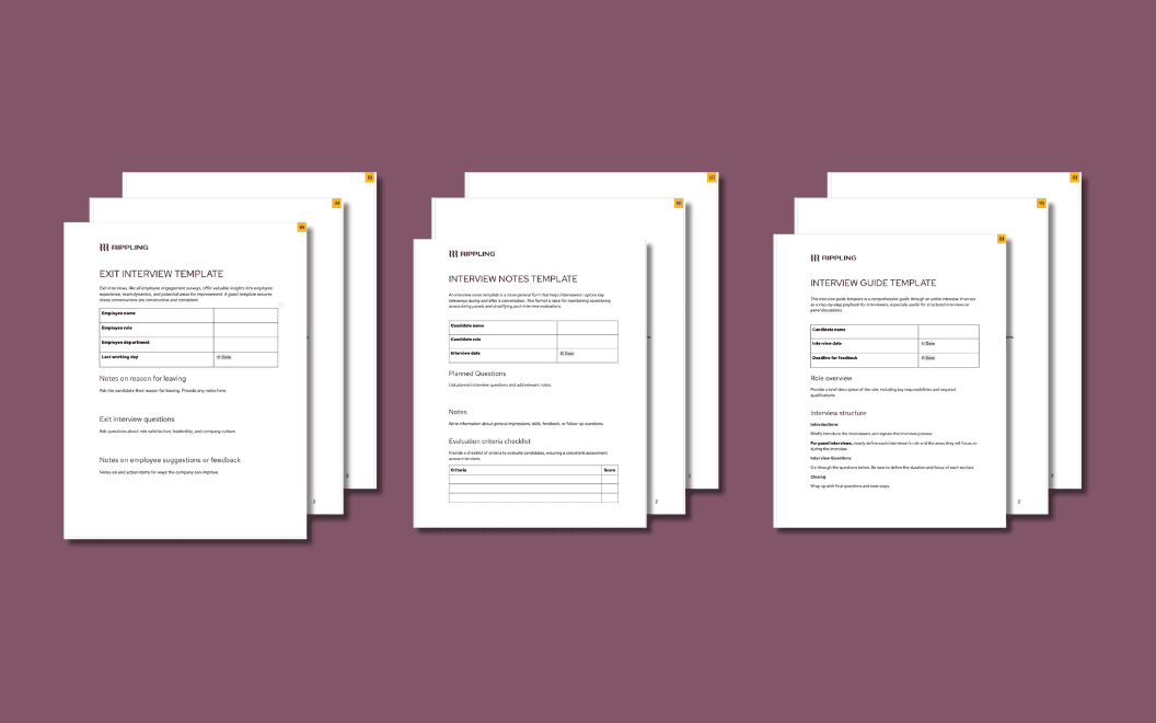 A graphic illustration of three sets of templates, including an exit interview template, interview notes template, and interview guide template
