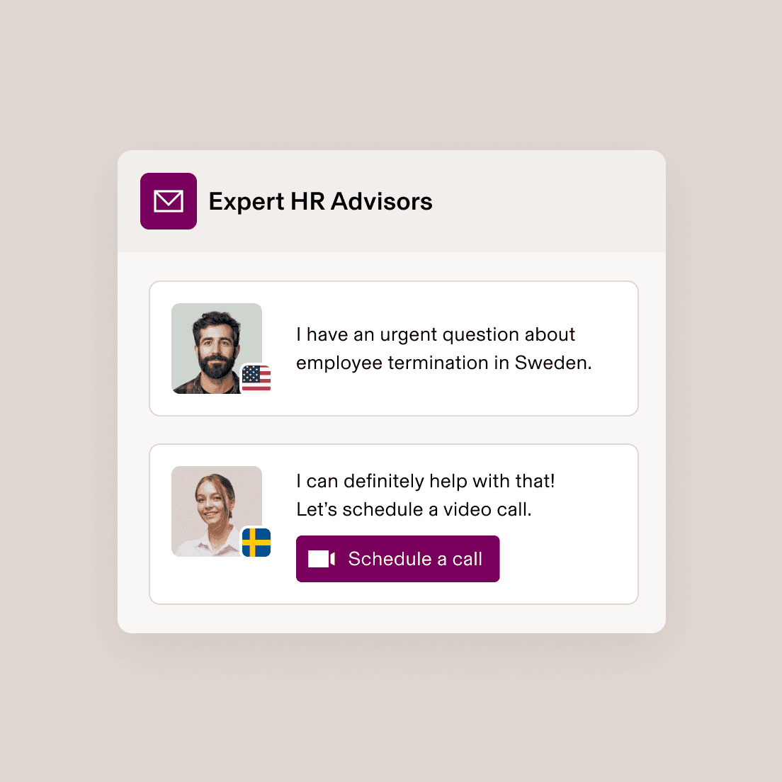 Exemple d’une conversation par chat entre un client de Rippling et un conseiller RH certifié