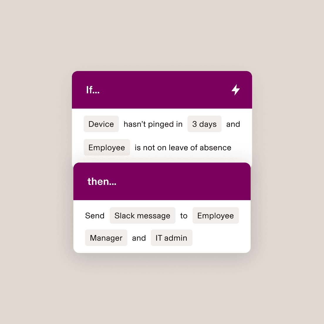 Benutzeroberfläche des Automatisierungs-Workflows mit der Regel: Wenn ein Gerät drei Tage lang nicht verbunden war und der Mitarbeiter nicht offiziell abwesend ist, werden mehrere Stellen per Slack benachrichtigt.