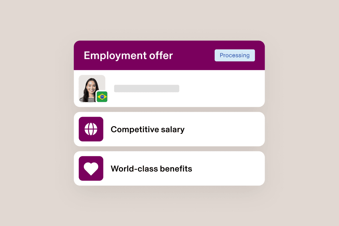 Employment offer interface showing processing status with profile photo, Brazil flag, competitive salary and benefits options.