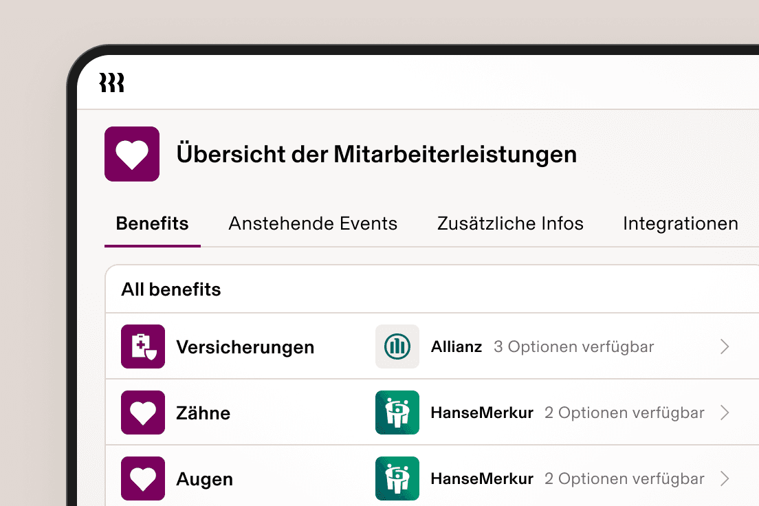 Screenshot des Bildschirms „Benefits Admin“ in Rippling mit der Auswahl für Zahnversicherung, Sehkraftversicherung und Krankenversicherung