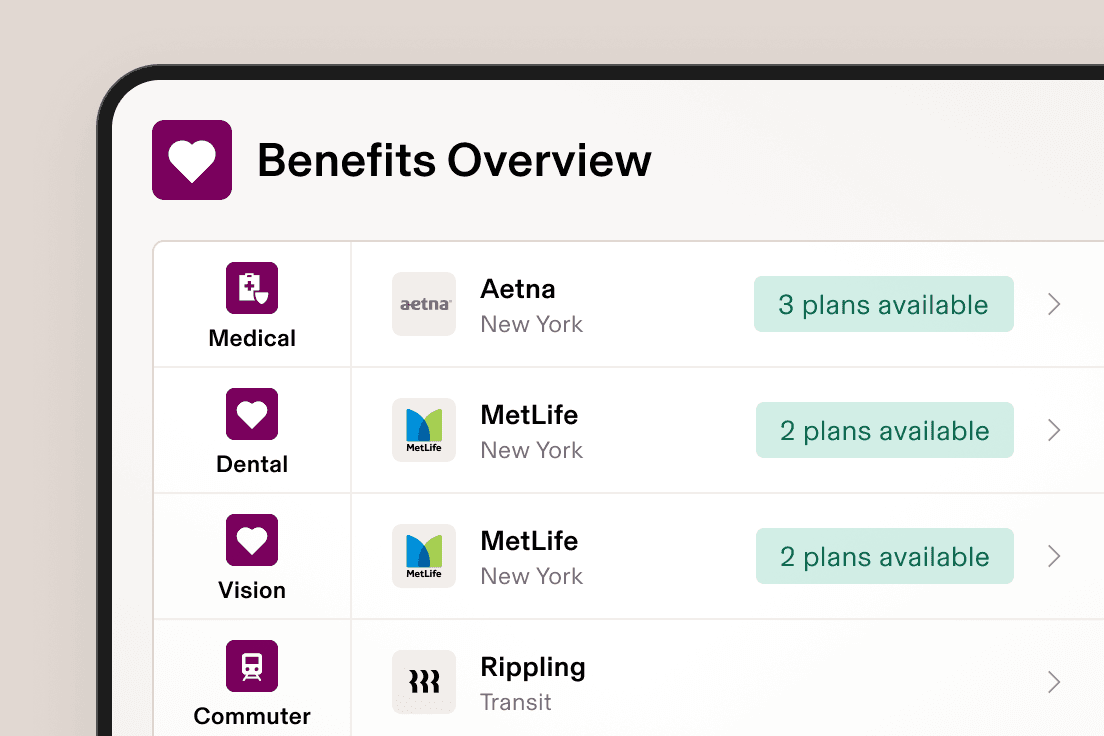 Screenshot of Benefits Admin screen in Rippling showing Dental, Vision and Medical elections
