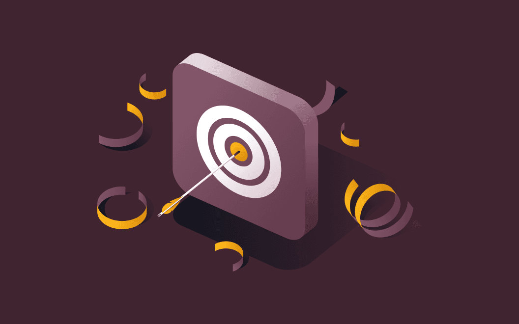 Graphic illustration of an arrow in the center of a target surrounded by confetti