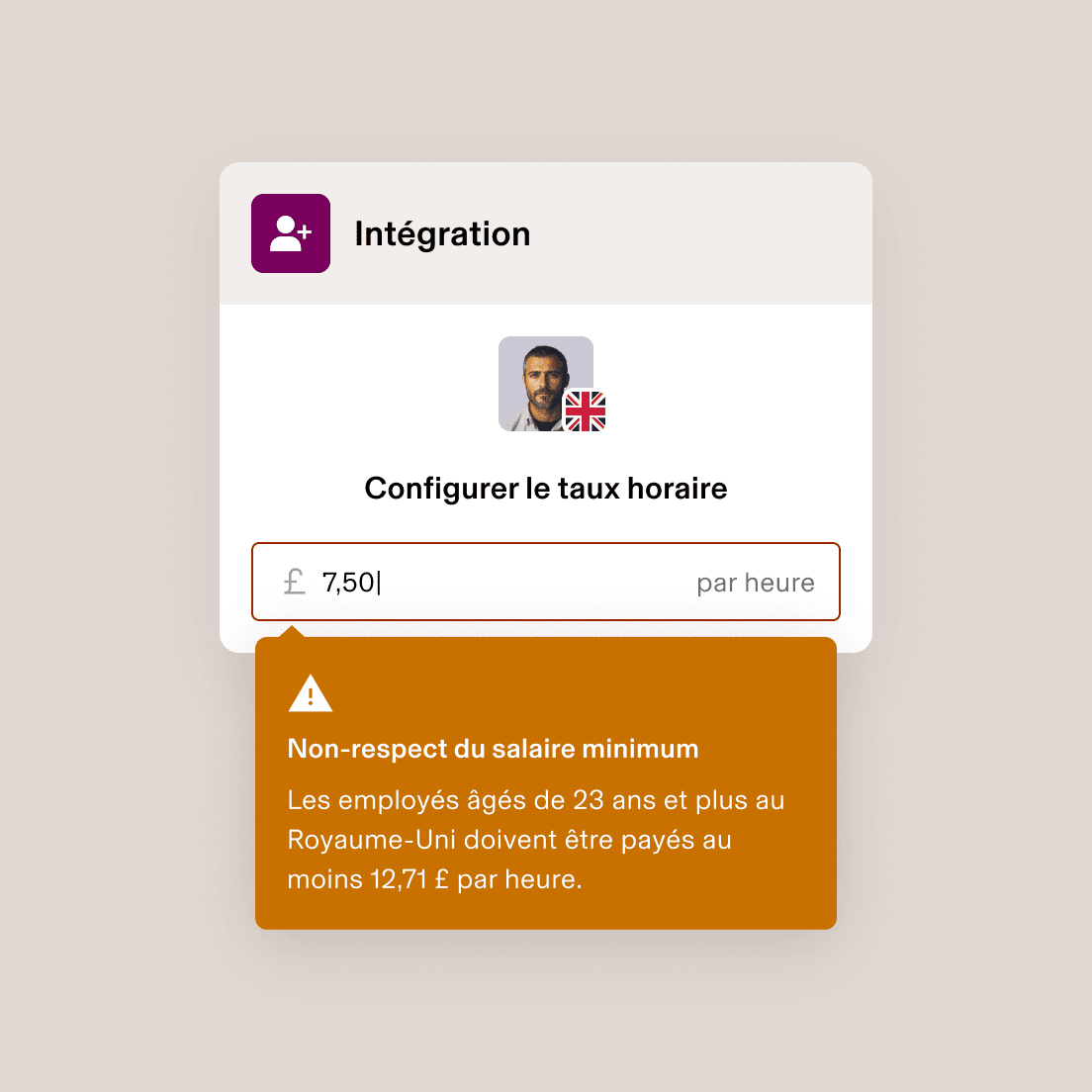 Employee onboarding screen showing a minimum wage violation warning for an hourly rate of £7.50, which is below the UK requirement of £9.50.