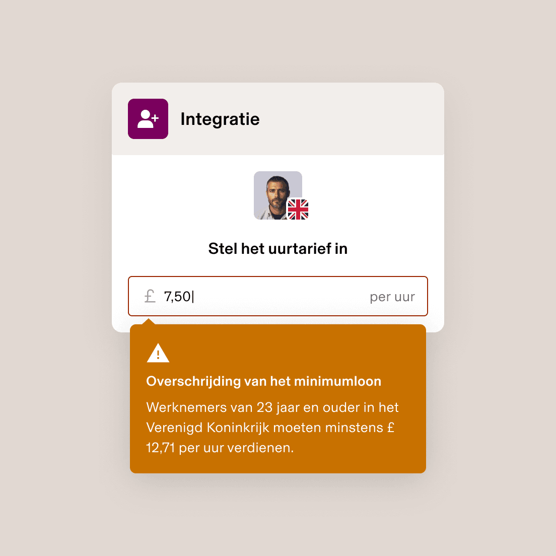 Scherm voor onboarding van nieuwe medewerkers dat een waarschuwing toont voor overtreding van een minimumloonverplichting: uurloon van £7,50, wat lager is dan het in het VK vereiste minimumloon van £9,50.