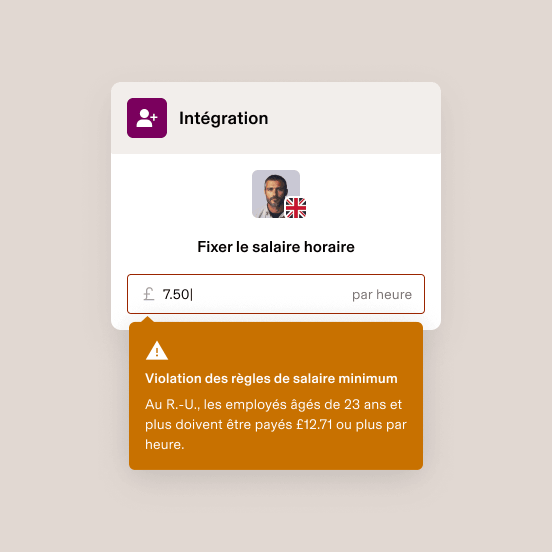 Écran d’accueil et intégration des employés affichant un avertissement concernant le non-respect du salaire minimum, avec un taux horaire de 7,50 £ inférieur au minimum requis au Royaume-Uni, qui est de 9,50 £.