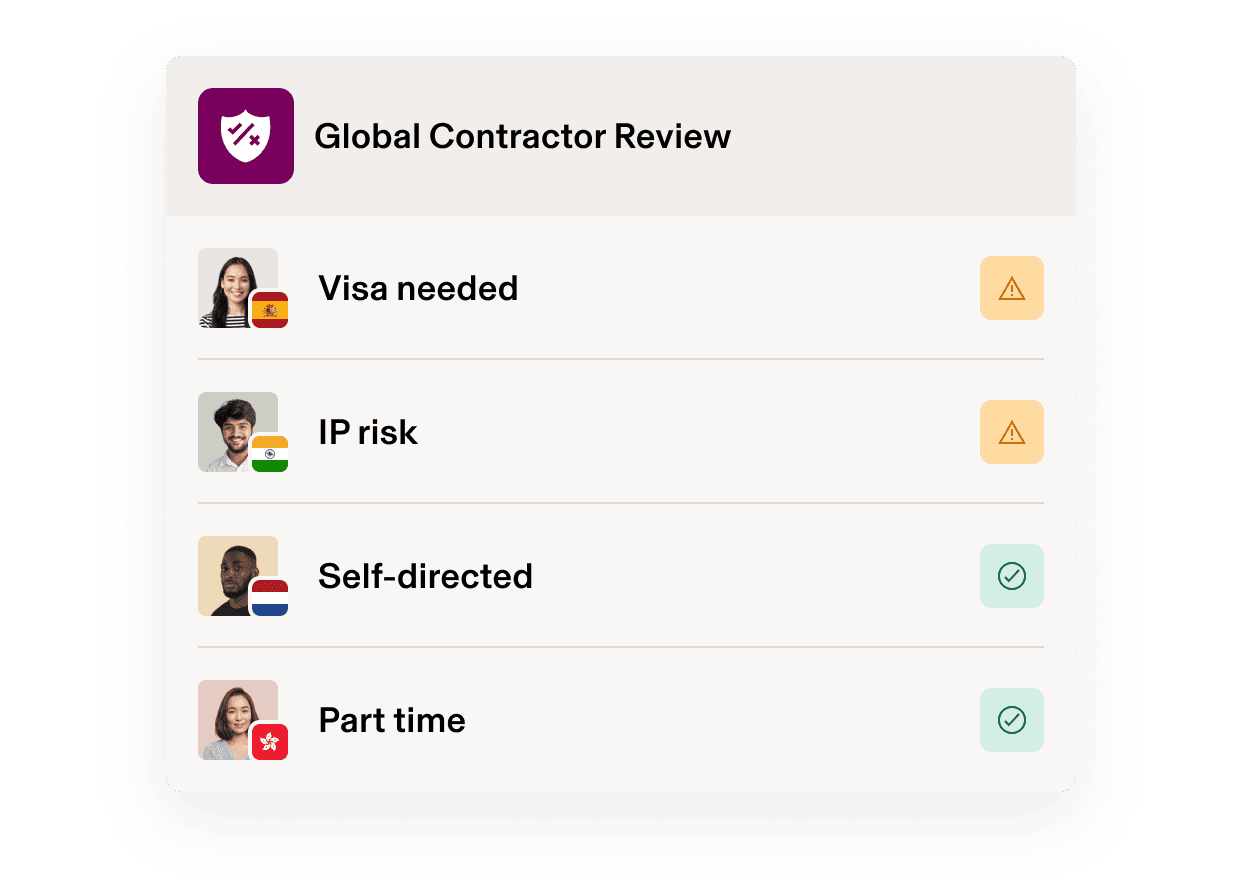 Global Contractor Review interface showing contractor profiles with country flags, work status and risk indicators on a purple background.