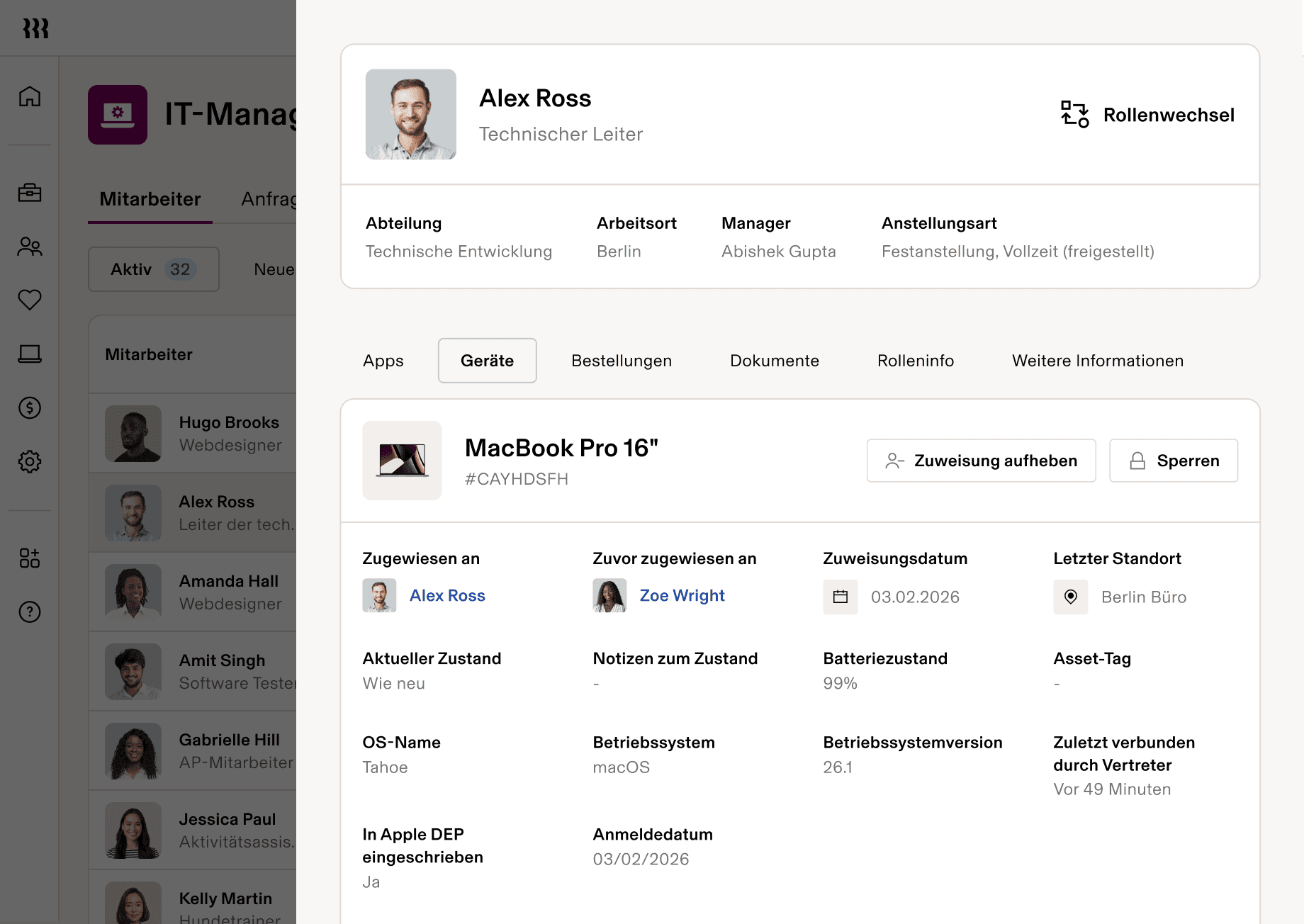 Screenshot of the devices report on an employee profile in Rippling