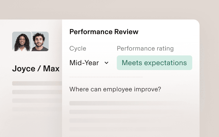 Performance review interface in Rippling showing employee evaluation with "Meets expectations" rating for 2025 cycle