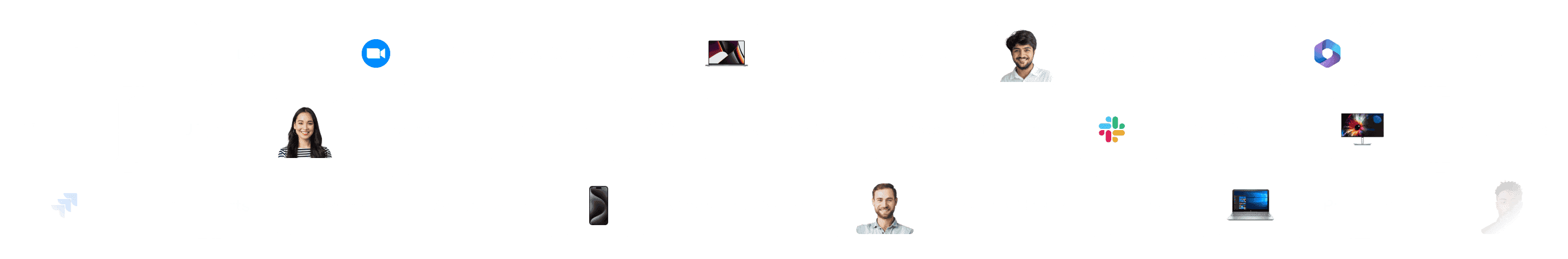 Diverse Profilbilder und Tech-Symbole verstreut auf weißem Hintergrund, als Darstellung eines digitalen Netzwerks.