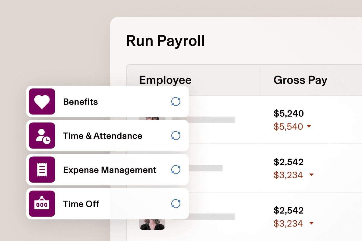 Example of a screen titled Run payroll in Rippling with options including Benefits, Time and Attendance, Expense Management, and Time Off