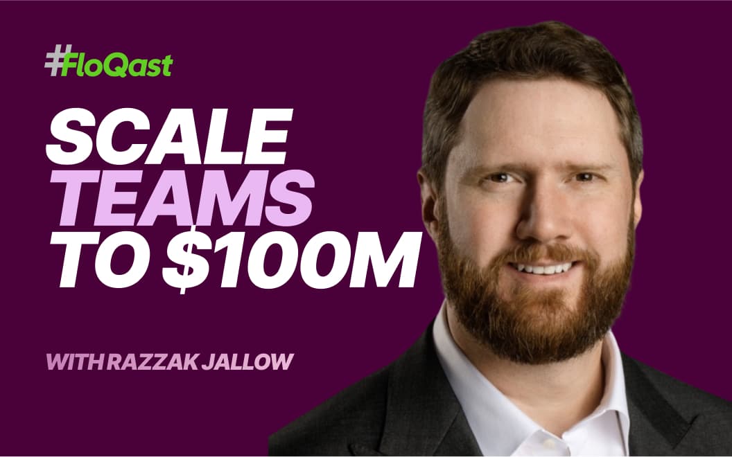 Photograph of Razzak Jallow, CFO at FloQast, with the FloQast logo and text that says Scale Teams to $100M