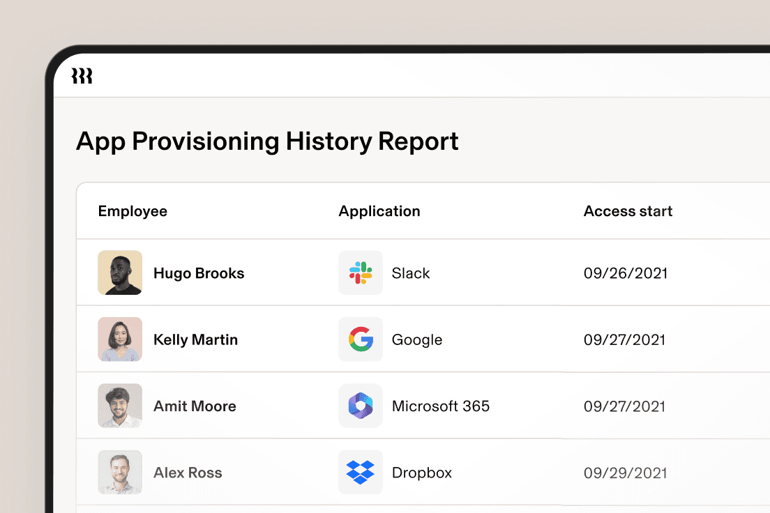 App Provisioning History Report showing employee access to various applications like Slack, Google and Microsoft 365 with start dates.