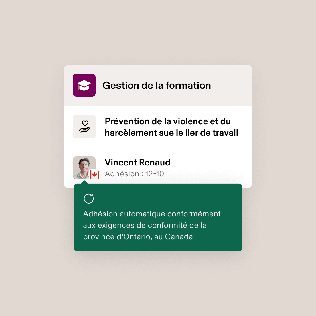 Learning management interface showing enrolment in a workplace violence prevention course for a user with a Canadian flag, enrolled on 12/01/22.