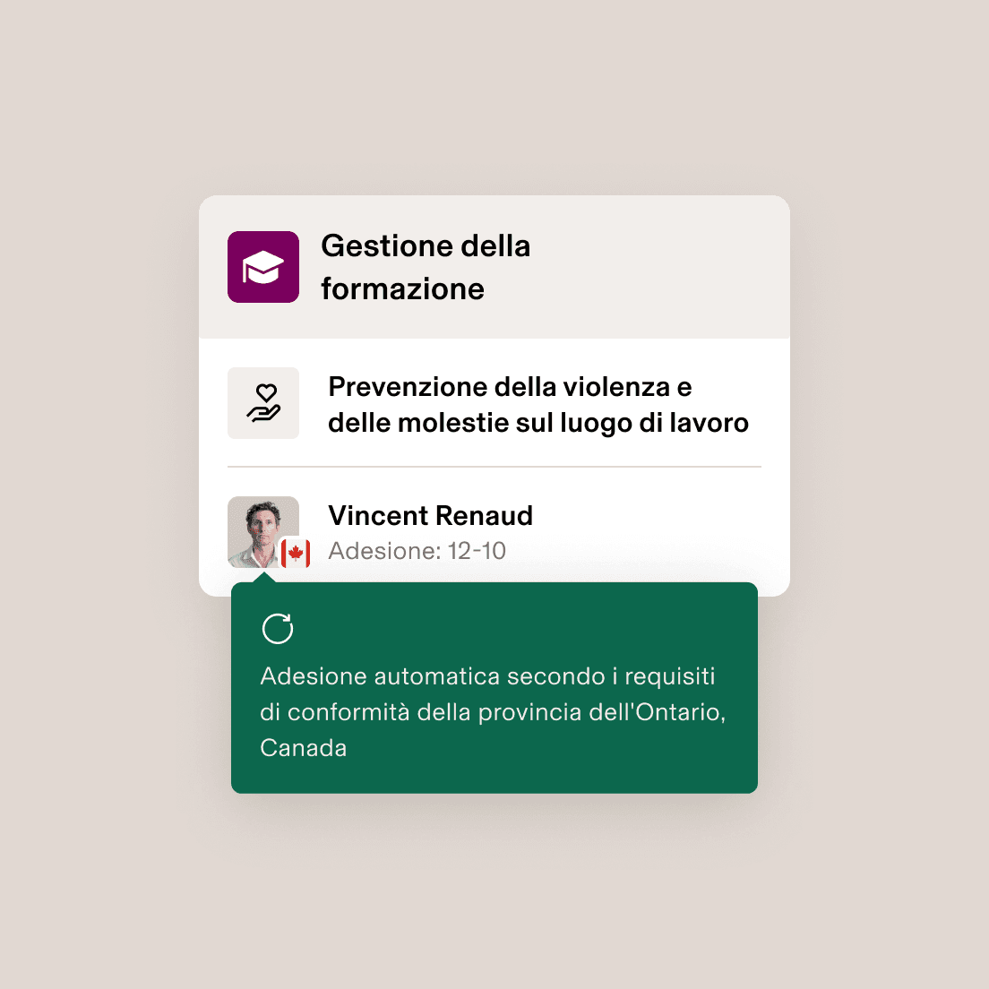 Interfaccia per la gestione dell'apprendimento che mostra l'iscrizione a un corso di prevenzione della violenza sul luogo di lavoro per un utente con la bandiera canadese, iscritto in data 01/12/22.