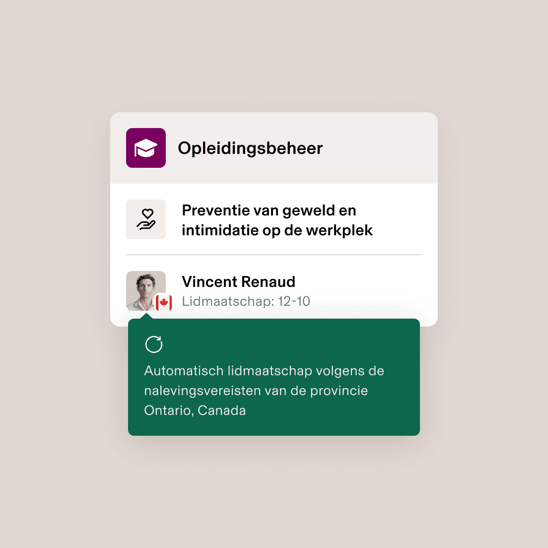 Interface voor opleidingsbeheer waarop de inschrijving voor een cursus ter voorkoming van geweld op de werkplek wordt weergegeven voor een gebruiker met de Canadese vlag, ingeschreven op 12-01-2022.